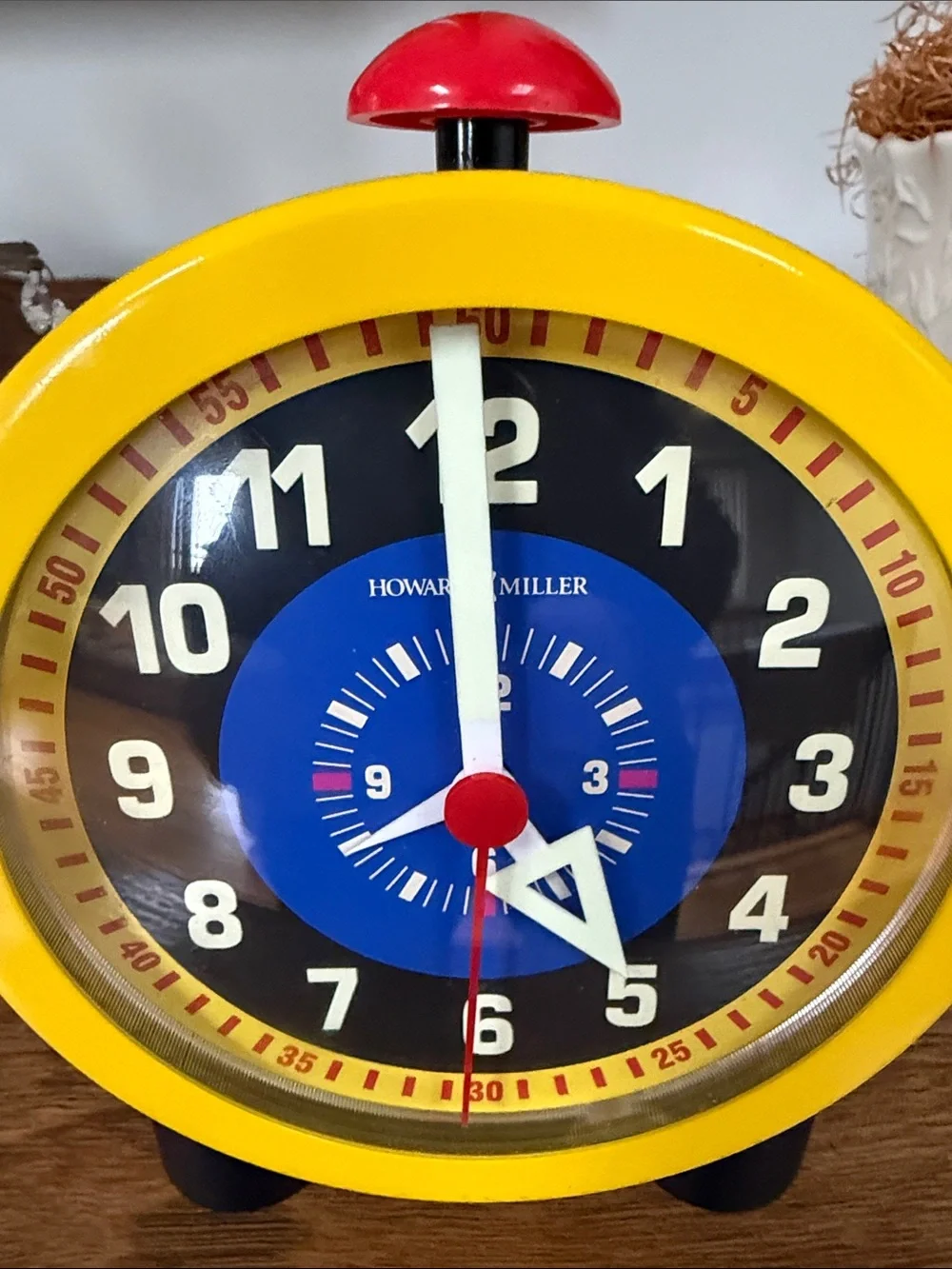 Howard Miller “School Bell” Yellow Retro Manual Clock W/ Blue White Black Dial